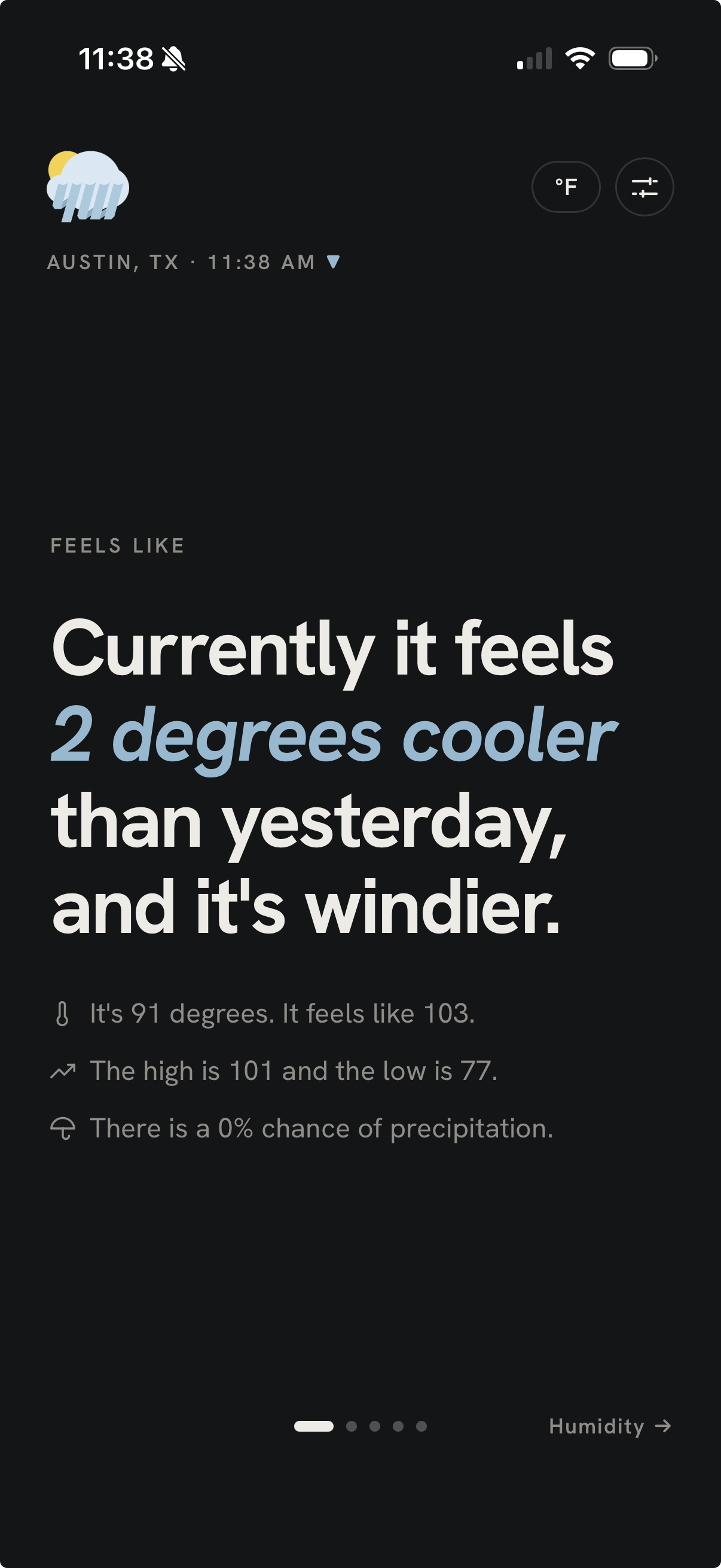 Yesterday's Weather app showing: Currently it feels 2 degrees cooler than yesterday, and it's windier.